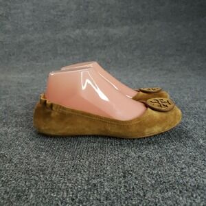 Tory Burch Minnie Travel Flats Womens Size 6.5 Brown Suede Ballet Shoes Logo